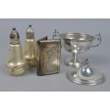 A SILVER CIGARETTE CASE, pepper and salt and covered jar