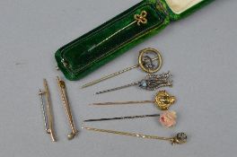 A MIXED LOT OF VARIOUS TIE PINS, 9ct, silver, etc