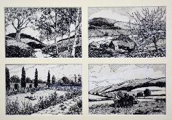 G.J. KIRKCALDY (BRITISH, 20TH CENTURY), pen and ink studies of countryside scenes, four images