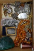 A BOX OF MISCELLANEOUS JEWELLERY, including cameos, buckle by 'Lea Stein, Paris' costume