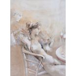 'EINKEHR I' a limited edition print 64/190 of a scantilly dressed woman sitting at a table,