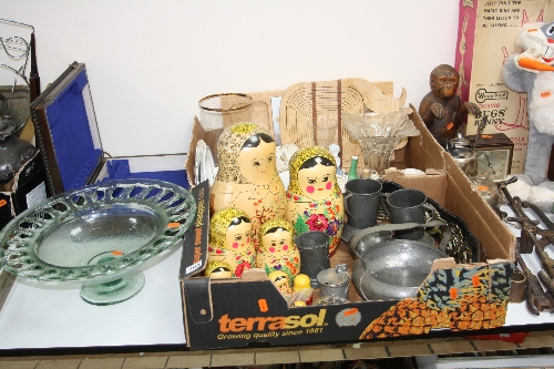 TWO BOXES AND LOOSE SUNDRY ITEMS, to include set Russian dolls, pewter, horse brasses etc