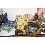 TWO BOXES AND LOOSE SUNDRY ITEMS, to include set Russian dolls, pewter, horse brasses etc