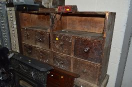 A VINTAGE MULTI DRAWER CABINET, converted to a workbench with two vices attached, eight drawers with