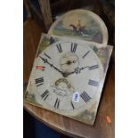 A 30 HOUR LONGCASE CLOCK MOVEMENT, seconds dial and subsidiary date aperture, painted hunting scene,