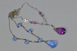 TWO VINTAGE PASTE SET NECKLETS, circa 1940, one with purple paste stones, the other with pale blue