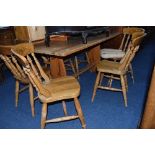 A MODERN PINE REFECTORY TABLE, with six chairs, approximate size width 168cm x depth 85cm x height