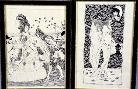 AFTER AUBREY BEARDSLEY, two pen and ink illustrations based on images from 'The Yellow Book' Book IV