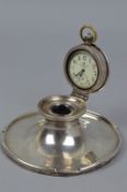 A SILVER INKWELL, Birmingham 1923 set with a watch in the lid