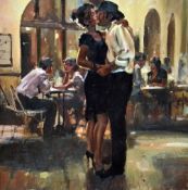 RAYMOND LEECH (BRITISH 1949), a limited edition print of a man and woman dancing at a cafe, 19/