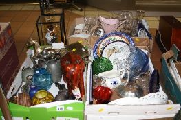 THREE BOXES AND LOOSE CERAMICS, GLASS, METALWARE, etc, to include Mdina glass vase, two cased