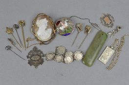 A BOX OF MIXED SILVER AND COSTUME JEWELLERY, etc