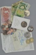 A BAG OF ENGLISH NOTES AND COINS
