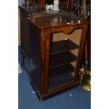 A VICTORIAN WALNUT AND INLAID GLAZED SINGLE DOOR MUSIC CABINET, with a brass gallery top (sd)