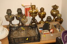 VARIOUS OIL LAMPS, glass funnels, accessories etc