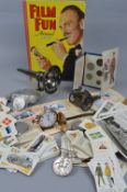 A PARCEL OF MISCELLANEOUS ITEMS, including gold plated full hunter, coins, toy canon, cigarette