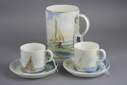A ROYAL CROWN DERBY TANKARD HAND PAINTED BY W.E.J. DEAN WITH YACHTS AT SEA, signed, printed marks