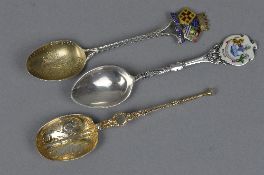 THREE MIXED SILVER SPOONS (two enamelled)