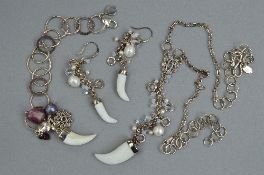 A SUITE OF SILVER AND COSTUME JEWELLERY IN THE SHAPE OF TOOTHS, including necklace, bracelet and a