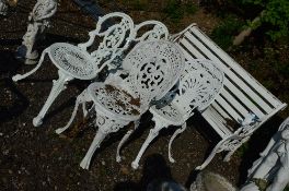 A CAST METAL ENDED GARDEN BENCH AND FOUR VARIOUS GARDEN CHAIRS, bench is approximately 130cm long (
