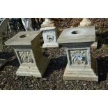 A PAIR OF COMPOSITE GARDEN COLUMNS approximate 43cm square in form with Art Noveau detailing to each