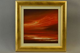 JONATHAN SHAW (BRITISH - CONTEMPORARY), an oil on board painting of a beach sunset scene, signed