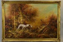 FERDINAND (CONTINENTAL, LATE 20TH CENTURY) POINTER FLUSHING GAME IN A WOODLAND CLEARING, oil on