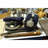 A VICTORIAN TRUNCHEON, another later, Police hats, one with West Midlands Police cap badge the other