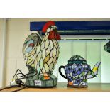 A NOVELTY COCKEREL SHAPED TIFFANY STYLE TABLE LAMP, height approximately 34cm, together with a