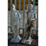 A PAIR OF COMPOSITE FIGURES OF A GRECIAN MAN LEANING ON A TREE STUMP, standing approximately 103cm