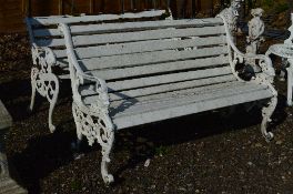 TWO CAST METAL ENDED GARDEN BENCHES, both approximately 130cm width