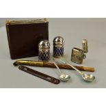 MISCELLANEOUS BOX TO INCLUDE, silver ring, vesta case, salt and pepper spoons and a Wunup Bakelite