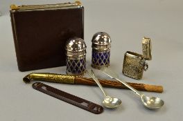 MISCELLANEOUS BOX TO INCLUDE, silver ring, vesta case, salt and pepper spoons and a Wunup Bakelite