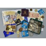 A BOX OF MIXED COINS, etc