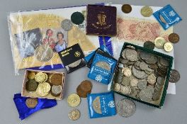 A BOX OF MIXED COINS, etc