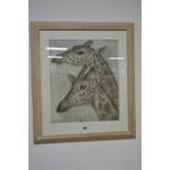 A PICTURE OF TWO GIRAFFES, initialled 'P.R.61' approximately 47cm x 40cm