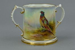 A LYNTON PORCELAIN LOVING MUG, handpainted with game birds, signed T.G.Abbotts, height approximately