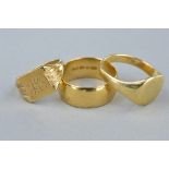 A 9CT BAND SIZE Q and two 9ct signet rings sizes M and S, approximate weight 14.3 grams