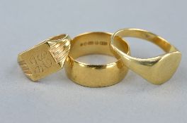A 9CT BAND SIZE Q and two 9ct signet rings sizes M and S, approximate weight 14.3 grams