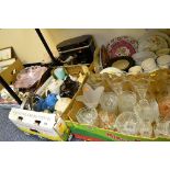 FOUR BOXES AND LOOSE KITCHEN ITEMS, GLASSWARES, TEAWARES, cutlery, Morphy Richards stand mixer,