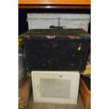 A METAL MEAT SAFE, a metal cabinet, metal trunk and a wooden tool box (4)