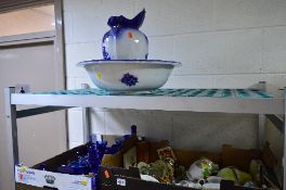 TWO BOXES AND LOOSE GLASSWARES, TEAWARES, JUG AND BOWL (a/f), etc