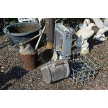 SIX GALVANISED METAL ITEMS INCLUDING A GREENHOUSE HEATER, watering can, fire bucket, bucket, log bin