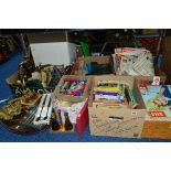 SIX BOXES AND LOOSE SUNDRY ITEMS, to include books, pictures, pictures magazines, cutlery, brass