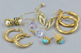A MIXED LOT OF 9CT ASSORTED EARRINGS, etc