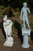 A COMPOSITE GARDEN FIGURE OF A ROMAN MAN ON A COLUMN AND A SEMI CLAD ROMAN LADY (2)