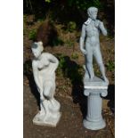 A COMPOSITE GARDEN FIGURE OF A ROMAN MAN ON A COLUMN AND A SEMI CLAD ROMAN LADY (2)