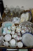 TWO BOXES OF CERAMICS AND GLASSWARES, to include Royal Tuscan, Royal Albert 'Free of Kashmir' part
