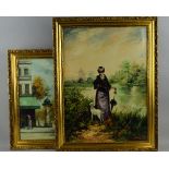 DAVID (LATE 20TH CENTURY) FIGURE OF A LATE 19TH CENTURY LADY AND A GOAT BESIDE A RIVER, oil on