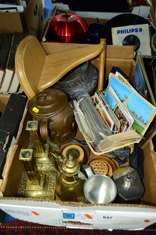 A BOX OF SUNDRIES, to include pair brass candlesticks, Sheffield plated tea caddy (The Queen's